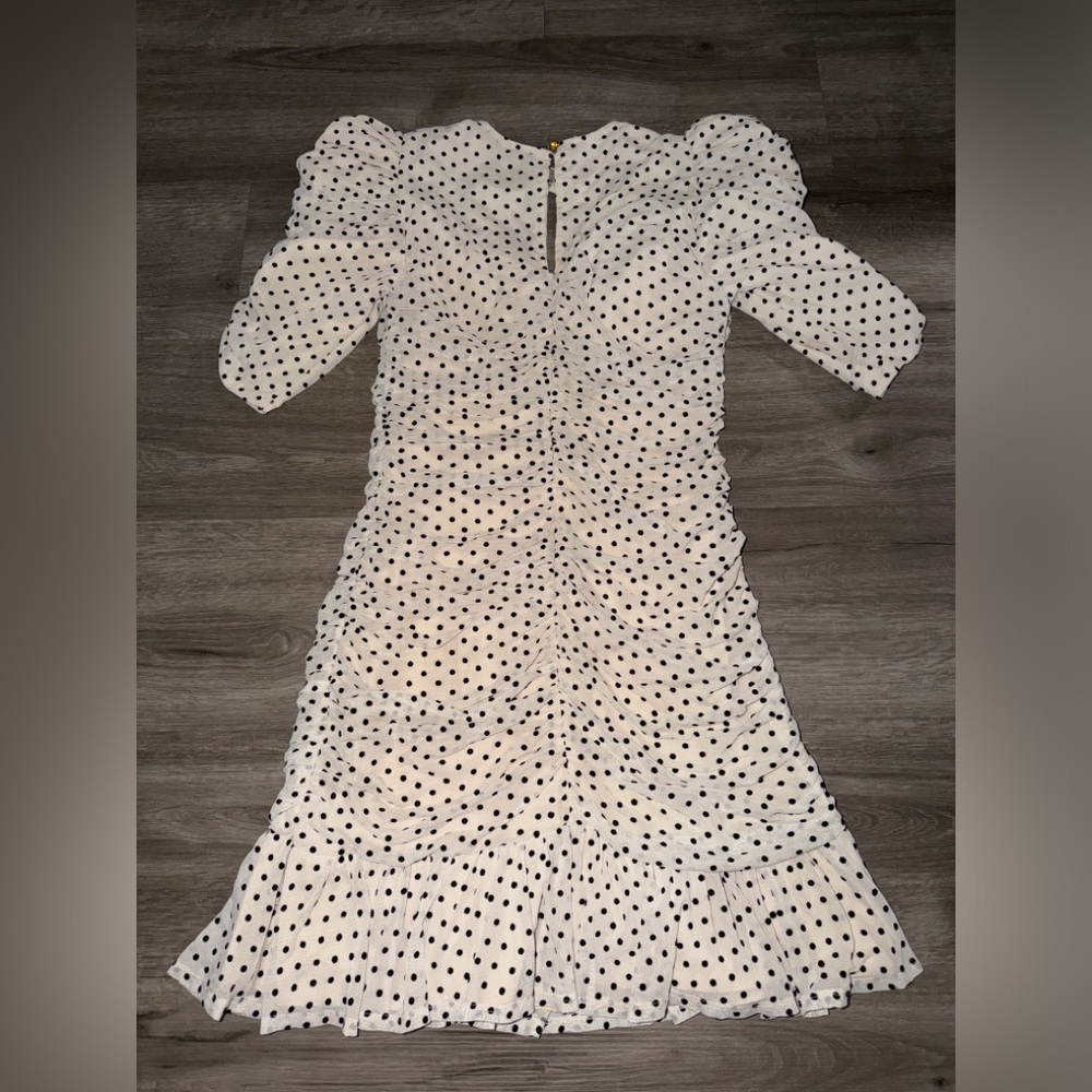 Maeve Puff-Sleeve Ruched Mesh Polka Dot Mini Dress - Picture 6 of 10